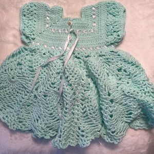 Hand-knit, one-if-a-kind, mint green baby girl dress